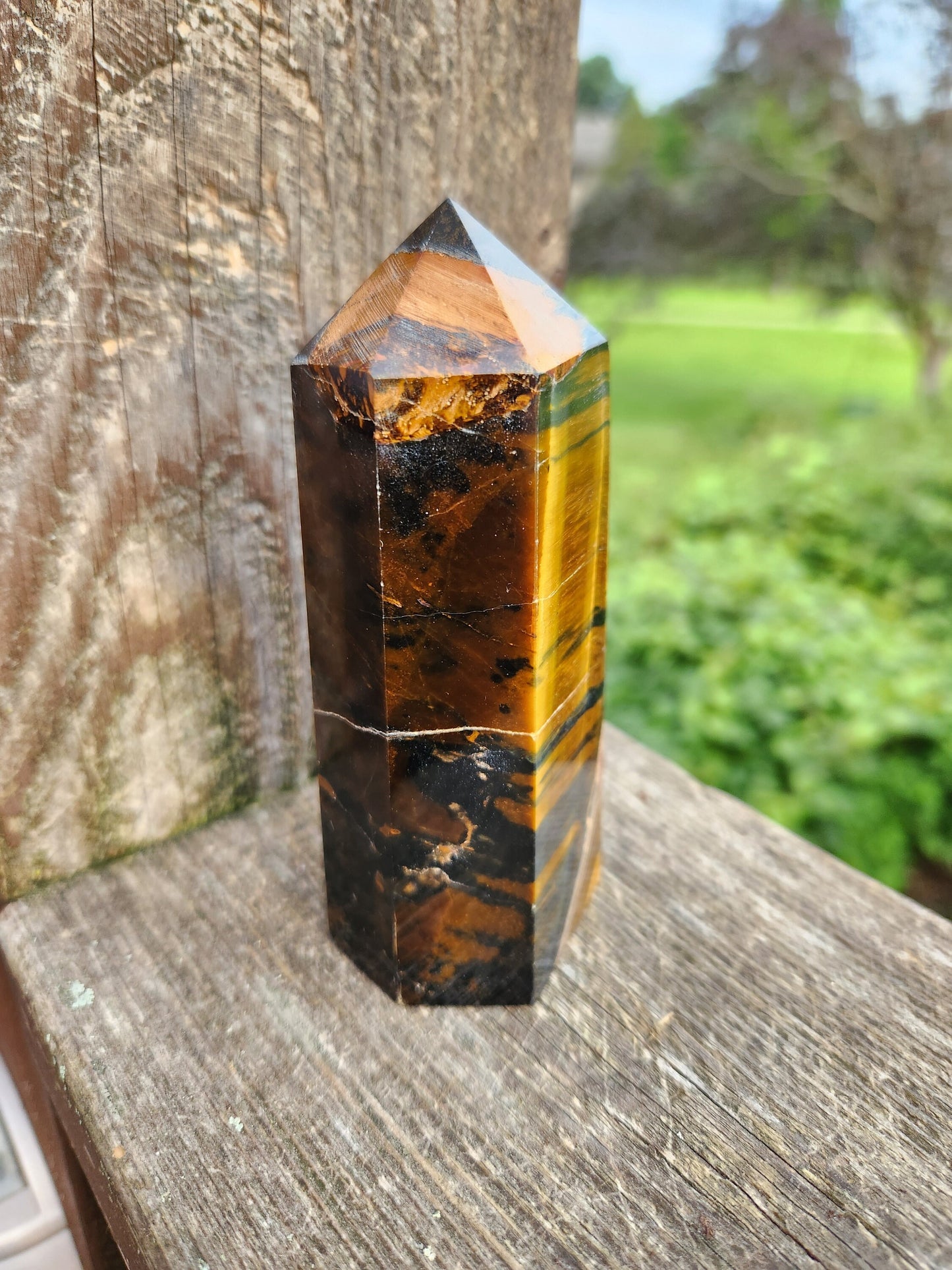 Gorgeous Juicy Blue Tigers Eye Tower Crystal, Stone with Golden Shimmer, 6 Point, Generator