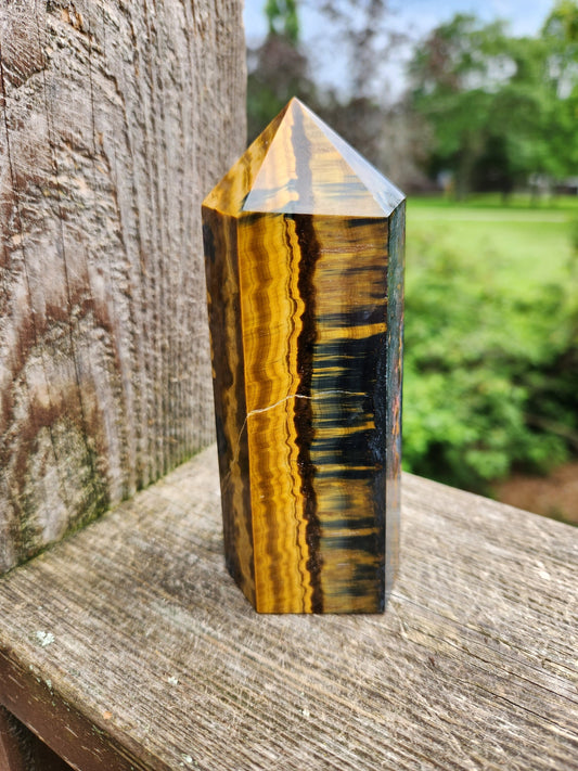 Gorgeous Juicy Blue Tigers Eye Tower Crystal, Stone with Golden Shimmer, 6 Point, Generator