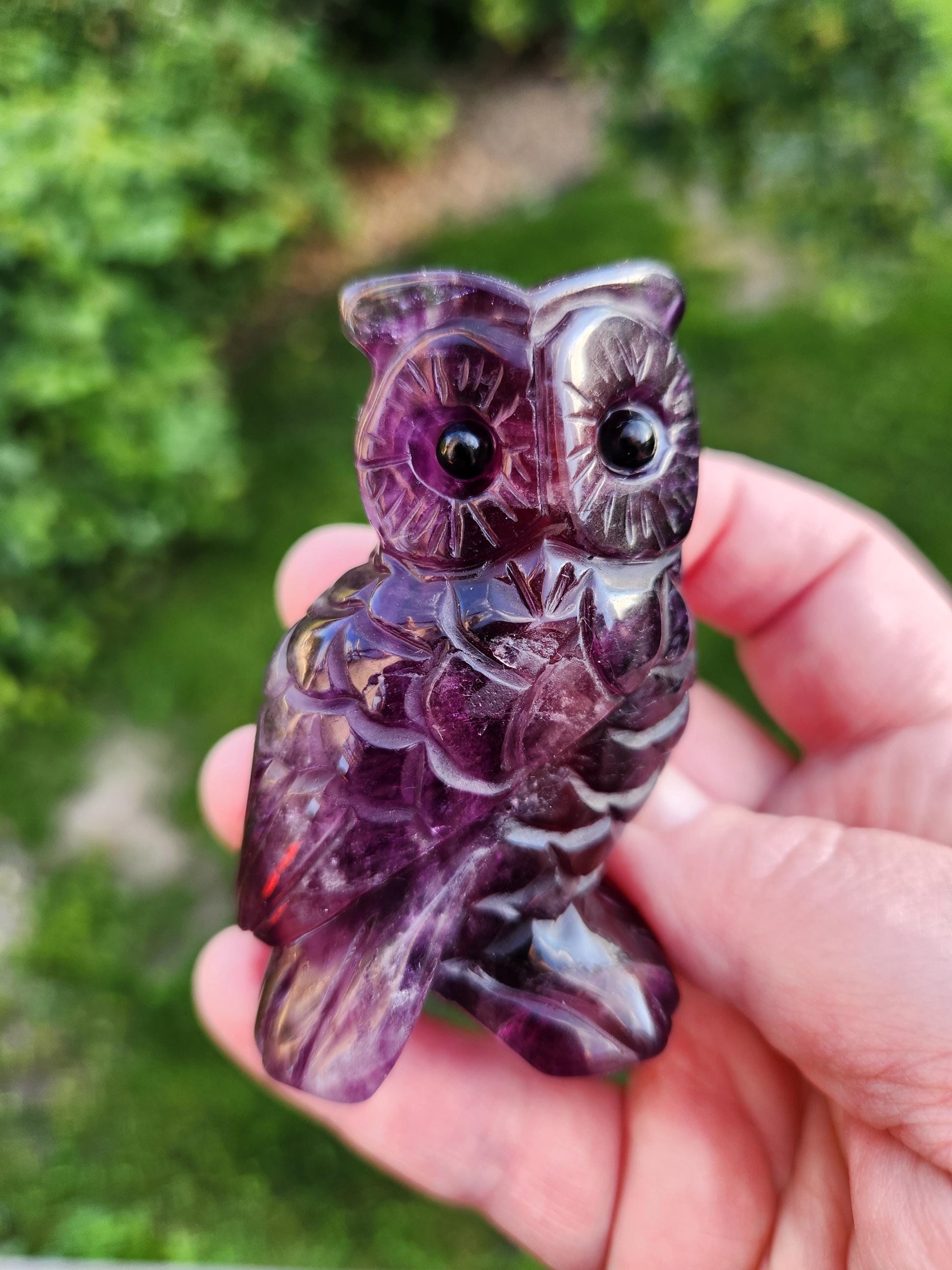 Beautiful Dark Purple Carved Fluorite Crystal Owl Natural Stone, lots of detail