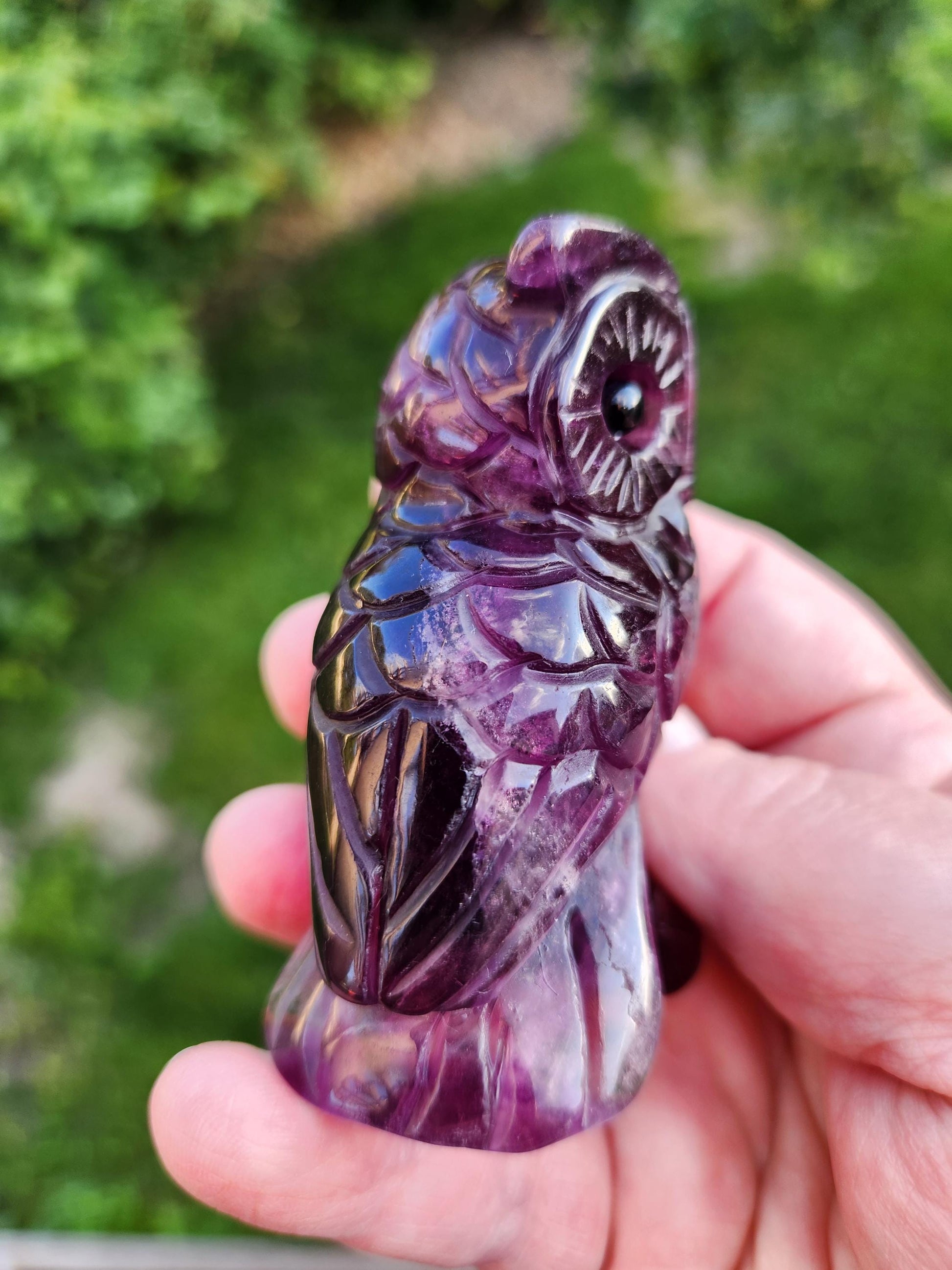 Beautiful Dark Purple Carved Fluorite Crystal Owl Natural Stone, lots of detail