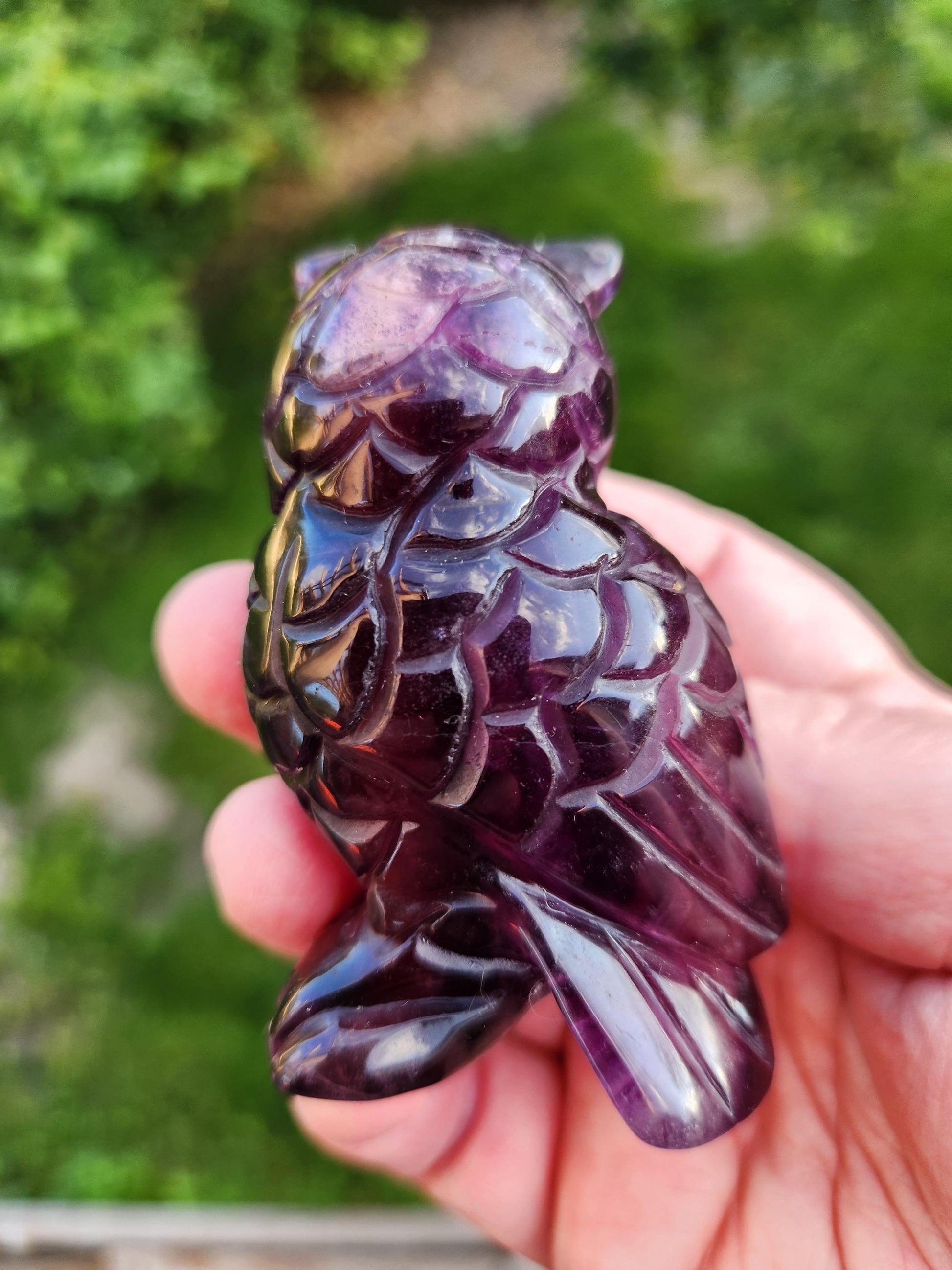 Beautiful Dark Purple Carved Fluorite Crystal Owl Natural Stone, lots of detail