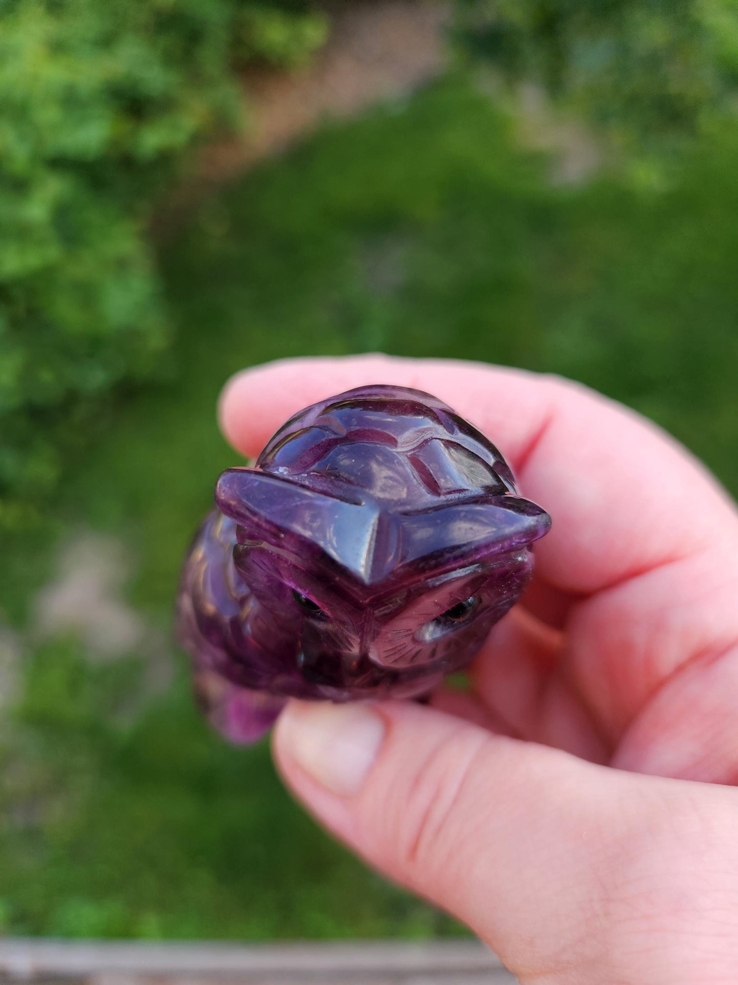 Beautiful Dark Purple Carved Fluorite Crystal Owl Natural Stone, lots of detail