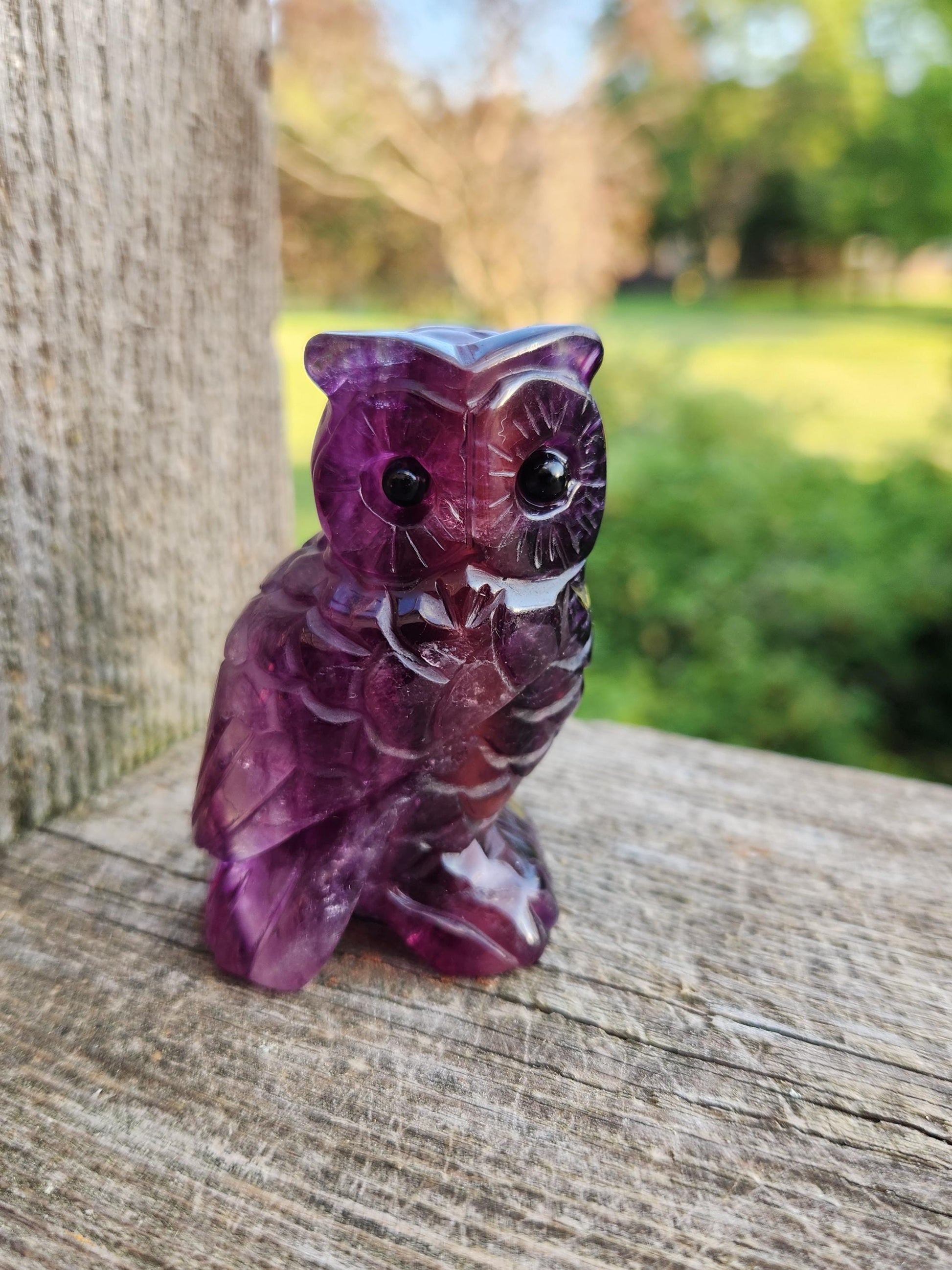 Beautiful Dark Purple Carved Fluorite Crystal Owl Natural Stone, lots of detail