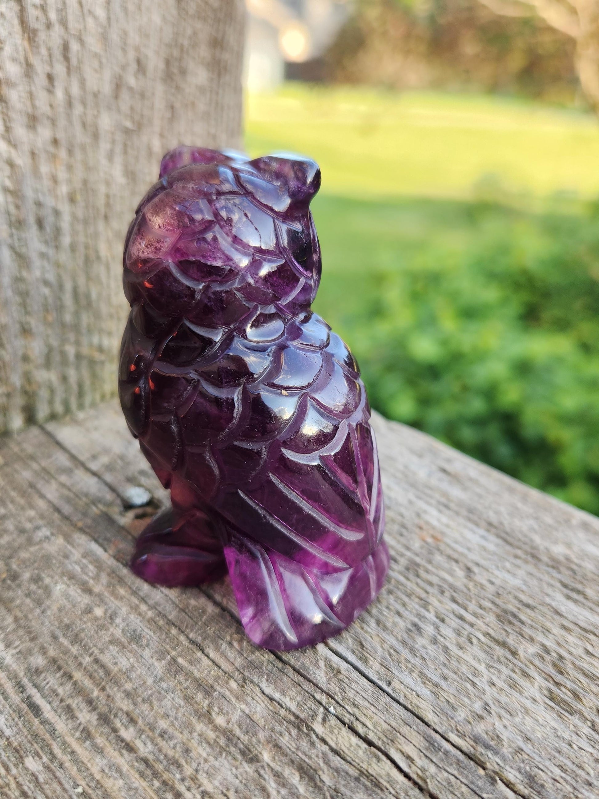 Beautiful Dark Purple Carved Fluorite Crystal Owl Natural Stone, lots of detail