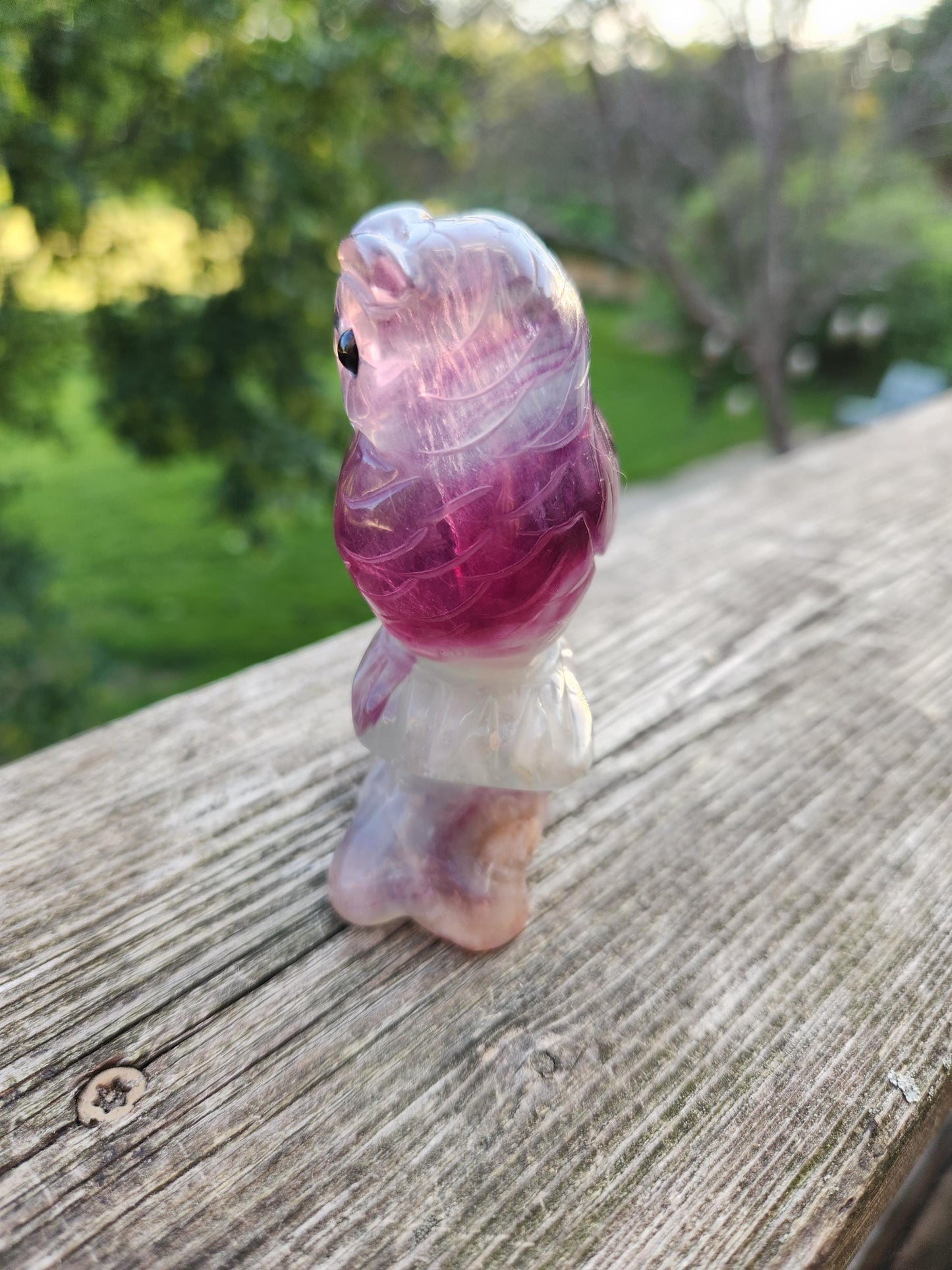 Carved Candy Fluorite Crystal Owl on Natural Root Stone, Unique