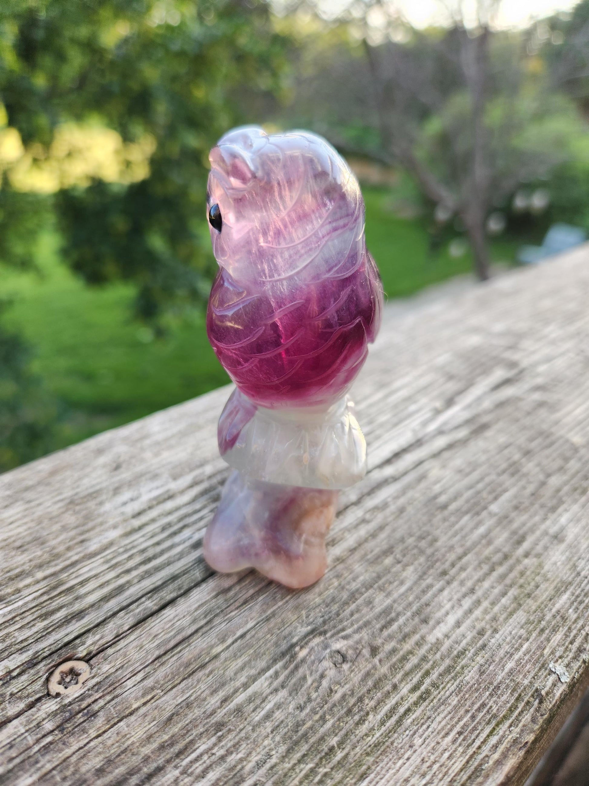 Carved Candy Fluorite Crystal Owl on Natural Root Stone, Unique