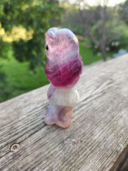 Carved Candy Fluorite Crystal Owl on Natural Root Stone, Unique