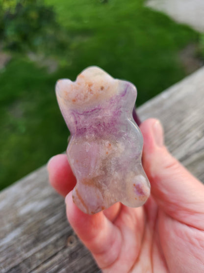 Carved Candy Fluorite Crystal Owl on Natural Root Stone, Unique