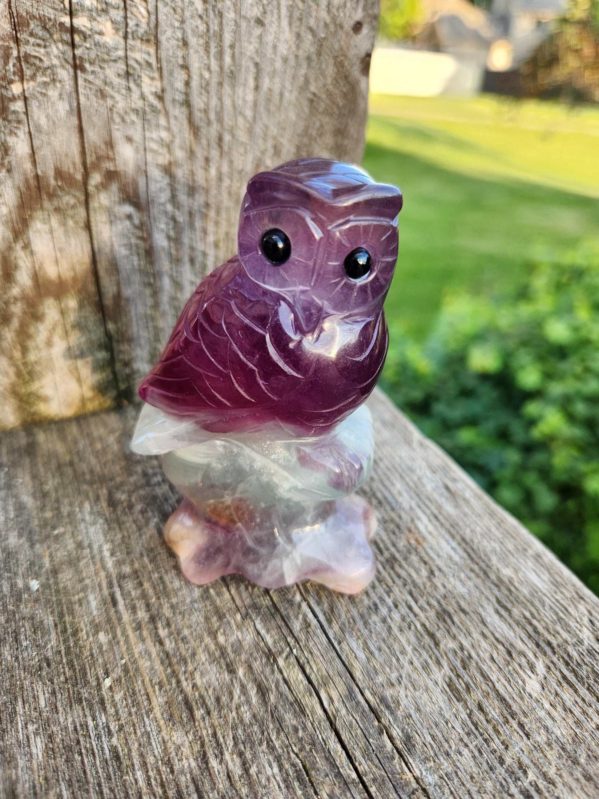 Carved Candy Fluorite Crystal Owl on Natural Root Stone, Unique