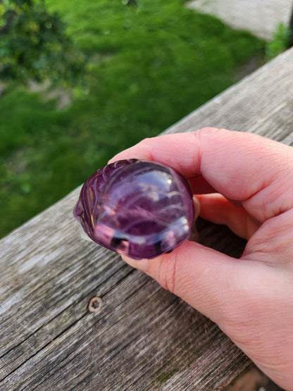 Carved Candy Fluorite Crystal Owl on Natural Root Stone, Unique
