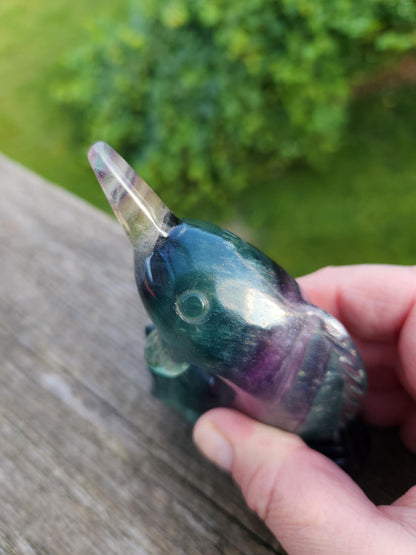 Carved Candy Fluorite Crystal Narwhal: Natural Stone Sculpture