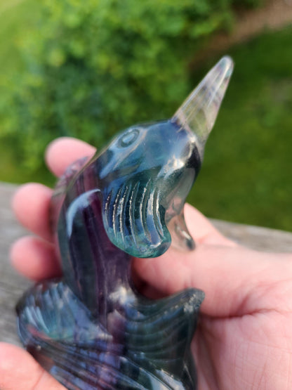 Carved Candy Fluorite Crystal Narwhal: Natural Stone Sculpture