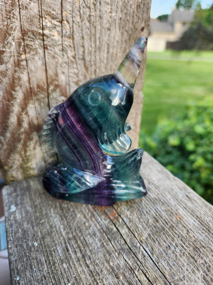 Carved Candy Fluorite Crystal Narwhal: Natural Stone Sculpture