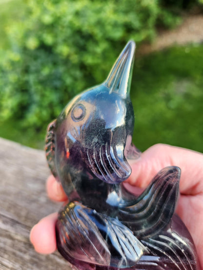 Carved Candy Fluorite Crystal Narwhal: Natural Stone Sculpture