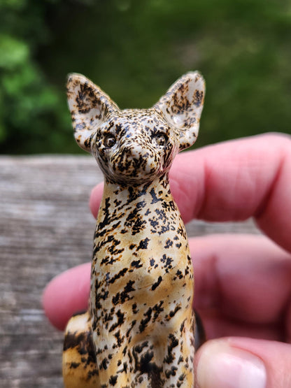 Picture Jasper Crystal Sitting Cat: Hand Carved Natural Stone, Figurine, Sphynx