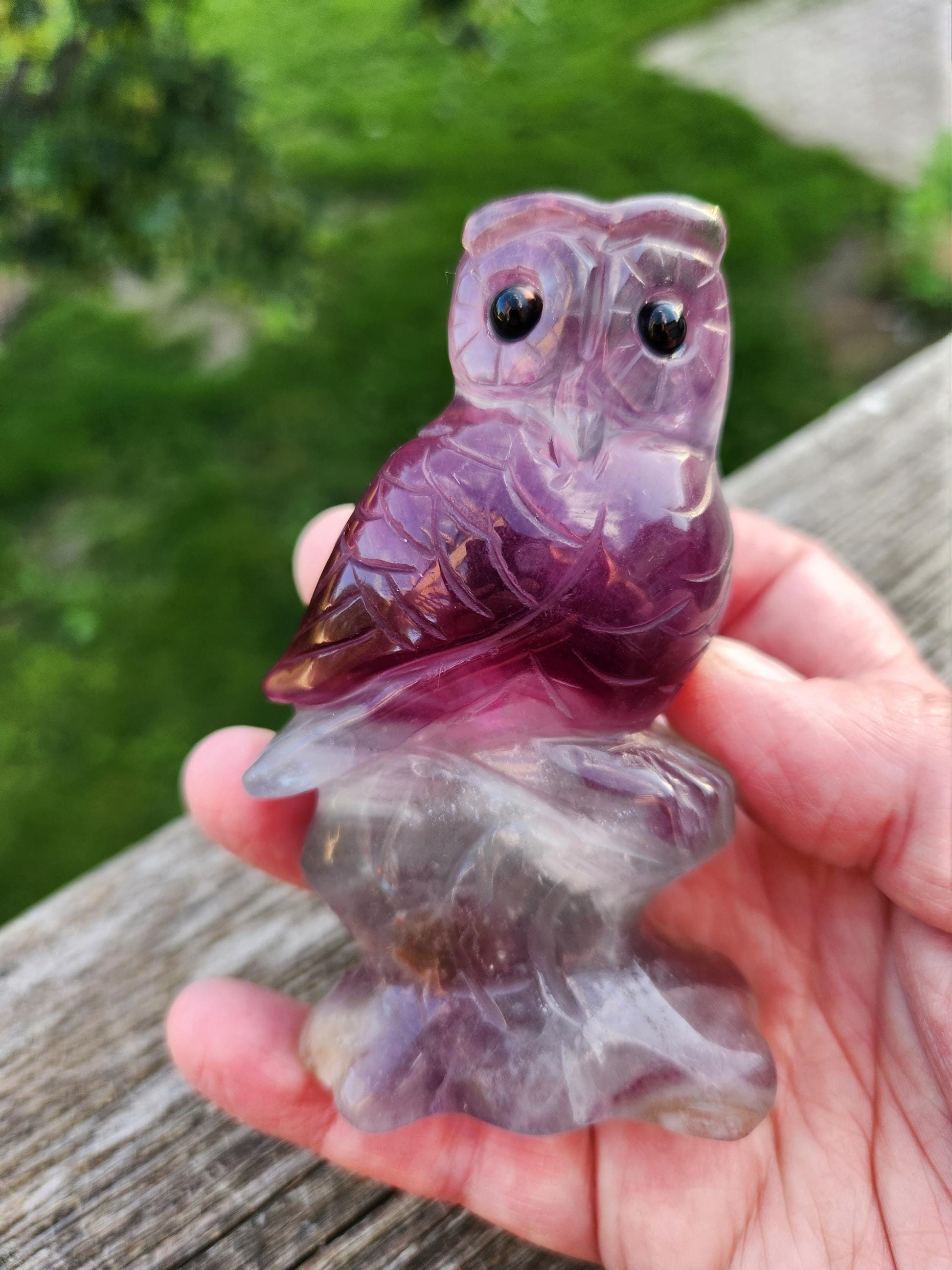 Carved Candy Fluorite Crystal Owl on Natural Root Stone, Unique