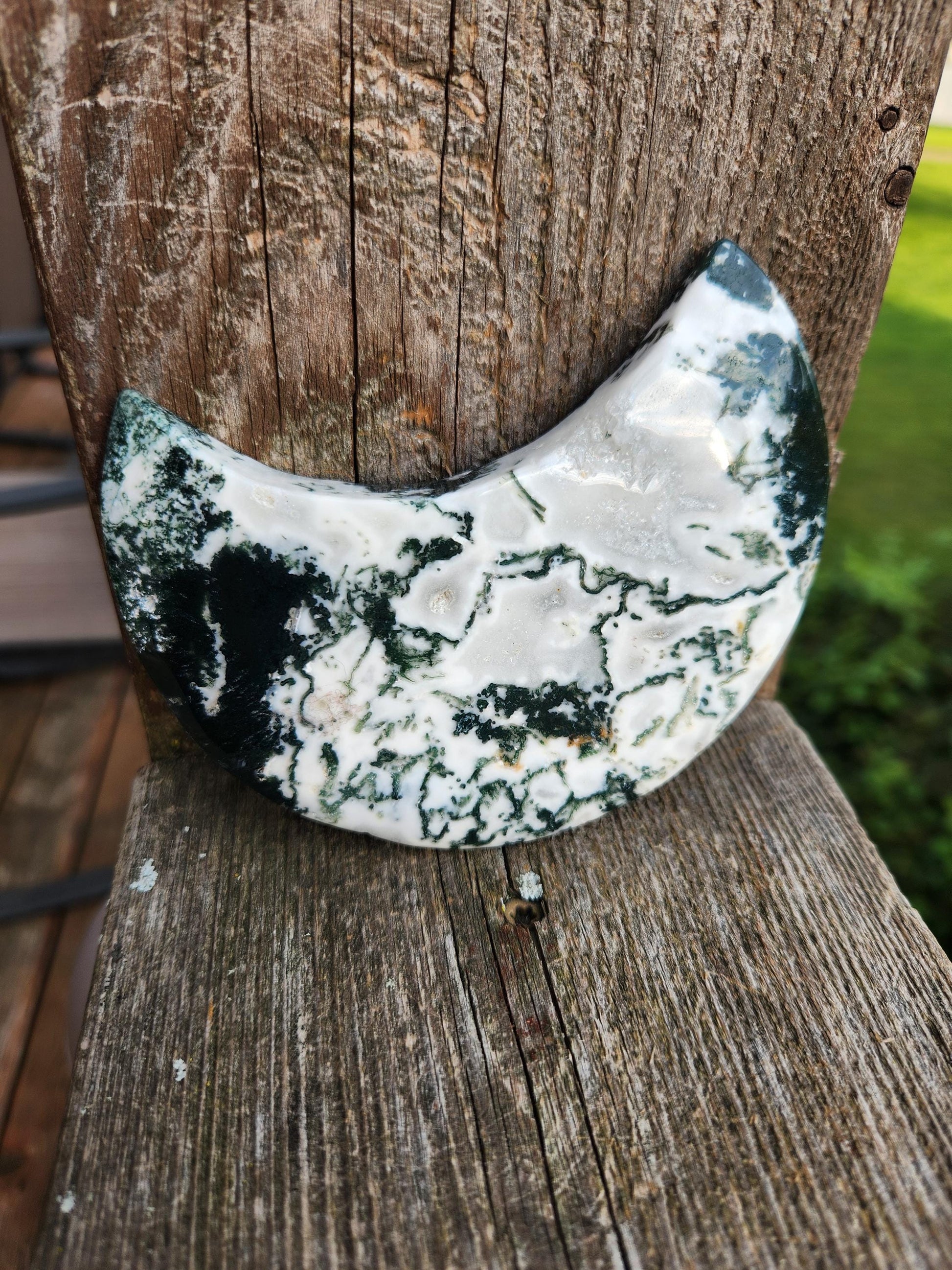 AAA Druzy Moss Agate Crystal Carved Moon, Large