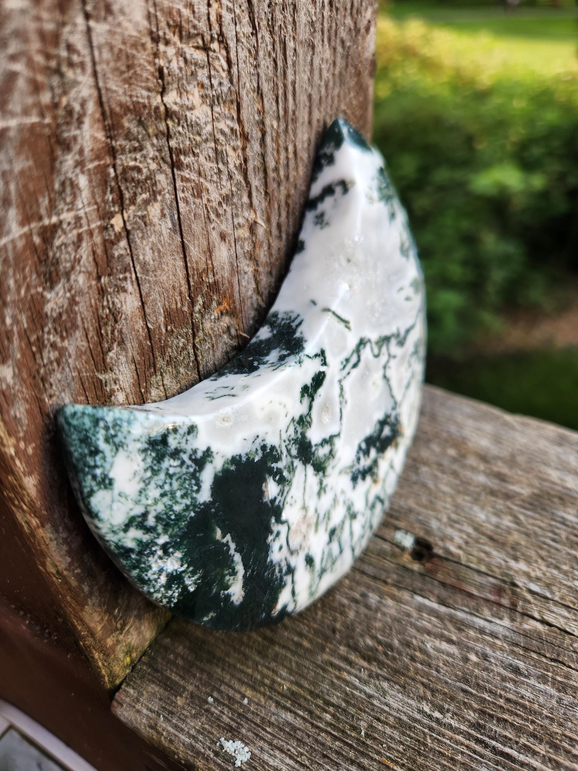 AAA Druzy Moss Agate Crystal Carved Moon, Large