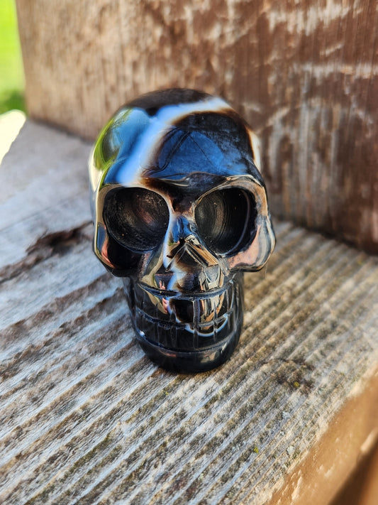 AAA Black Onyx Crystal Skull: Hand Carved, Unique Streaks