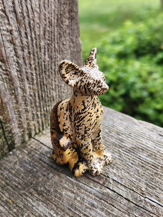Picture Jasper Crystal Sitting Cat: Hand Carved Natural Stone, Figurine, Sphynx