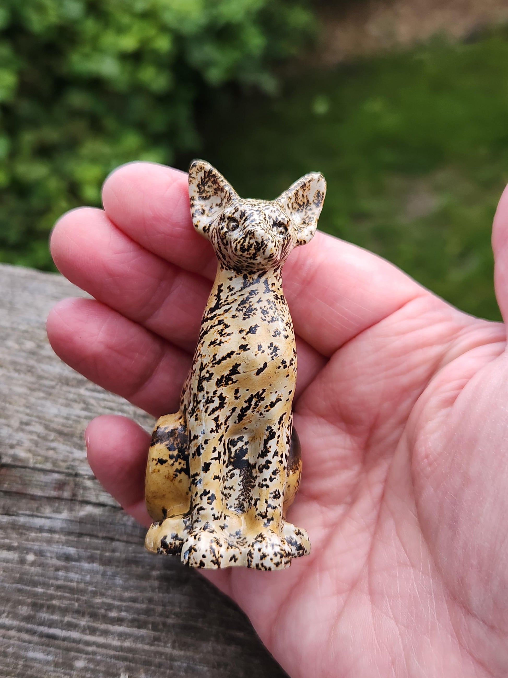Picture Jasper Crystal Sitting Cat: Hand Carved Natural Stone, Figurine, Sphynx