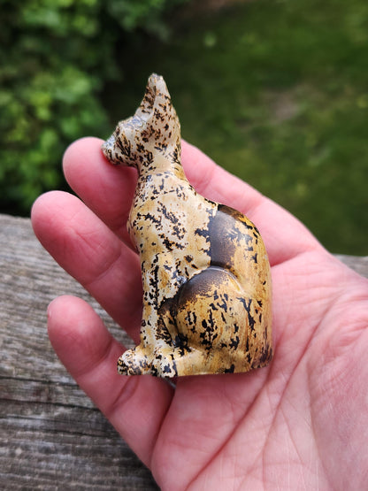 Picture Jasper Crystal Sitting Cat: Hand Carved Natural Stone, Figurine, Sphynx