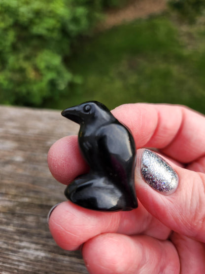 Carved Black Obsidian Crow: Natural Crystal Raven Figurine, Small