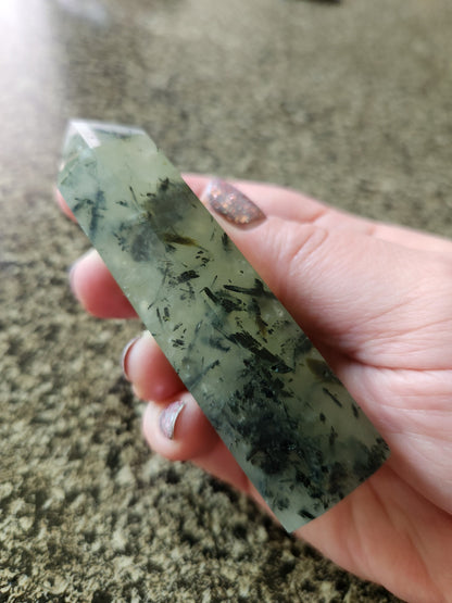 Prehnite with Epidote Crystal Tower: Half Polish Point