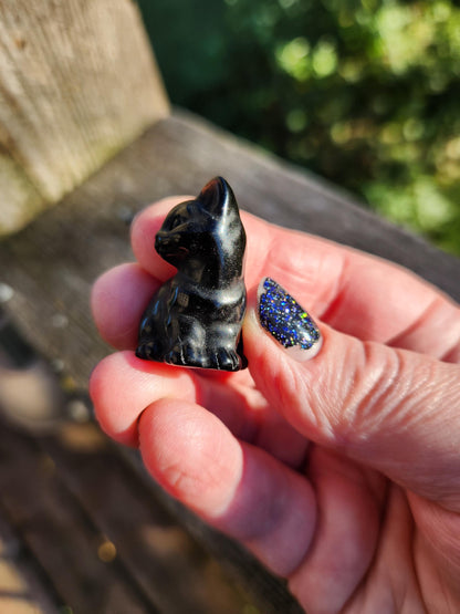 So Cute Black Obsidian Carved Small Sitting Cat, All Natural Crystal, One