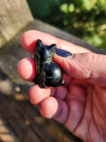 So Cute Black Obsidian Carved Small Sitting Cat, All Natural Crystal, One
