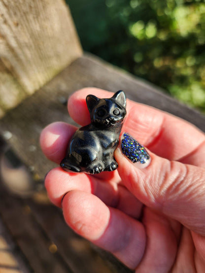 So Cute Black Obsidian Carved Small Sitting Cat, All Natural Crystal, One