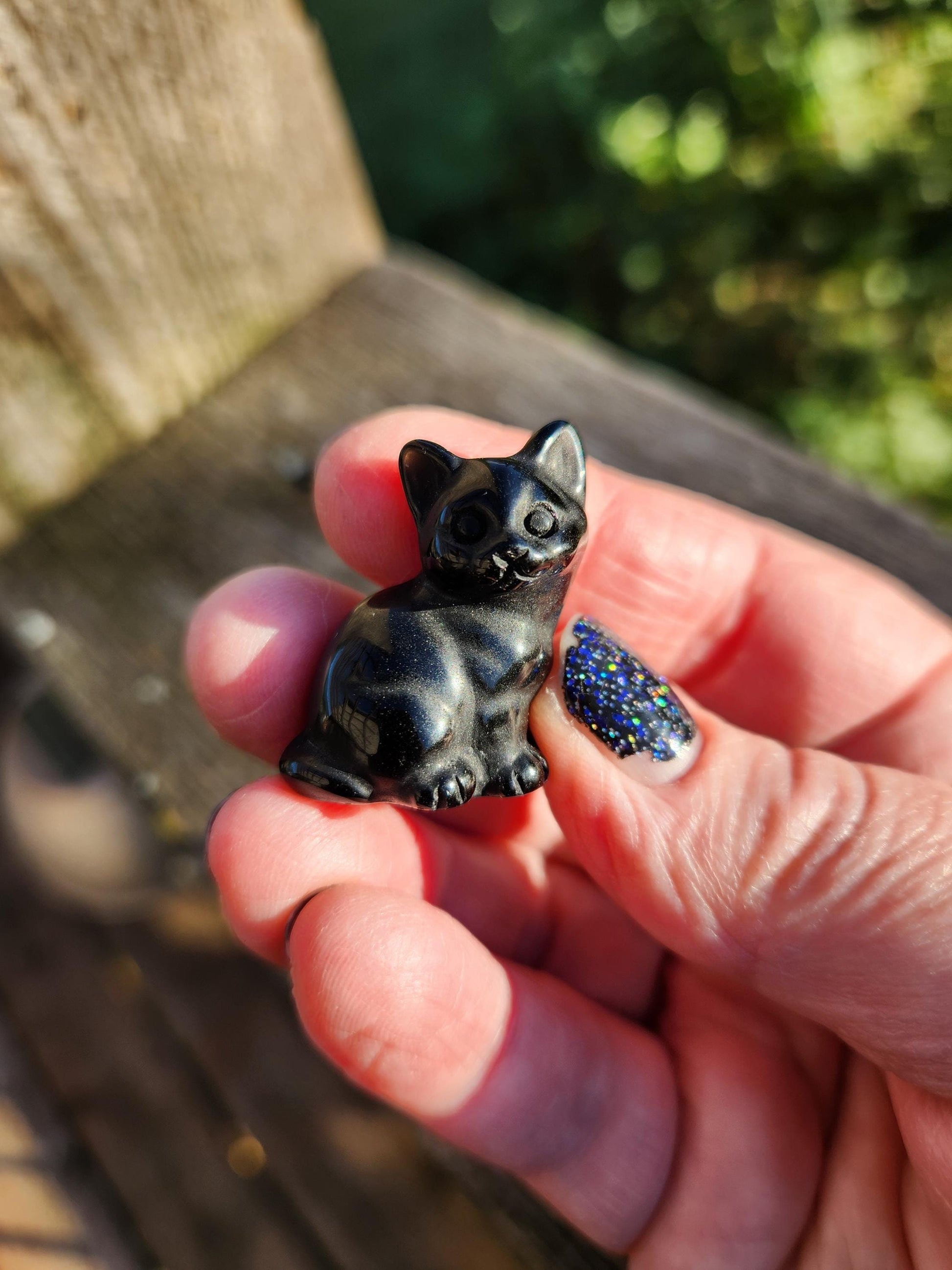 Carved Black Obsidian Cat: Pocket Crystal Figurine
