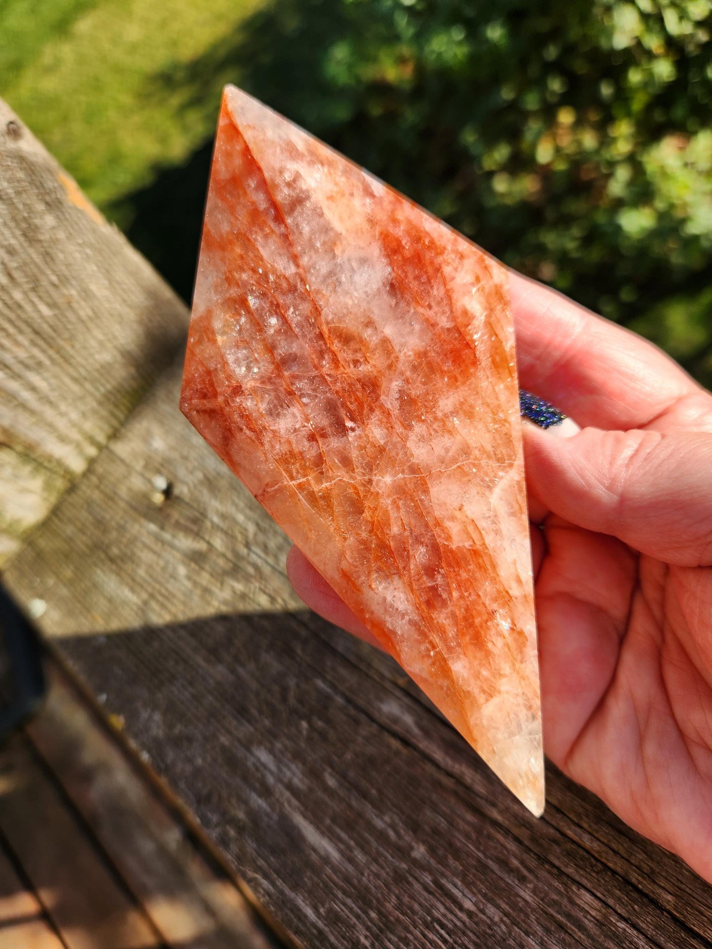 Unique Fire Quartz Crystal Faceted Diamond on Gold Stand