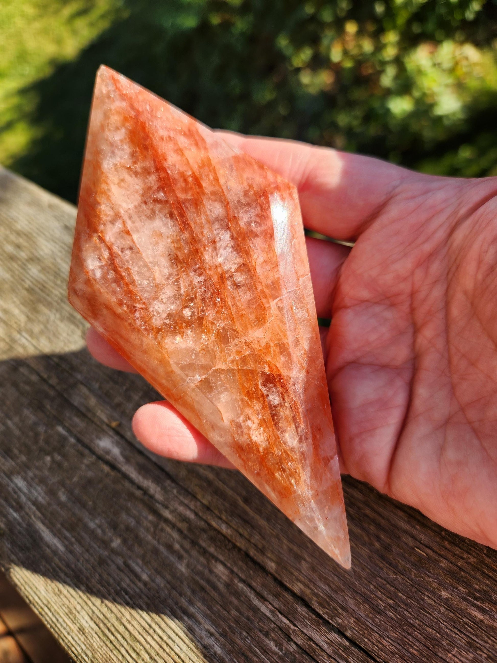 Unique Fire Quartz Crystal Faceted Diamond on Gold Stand