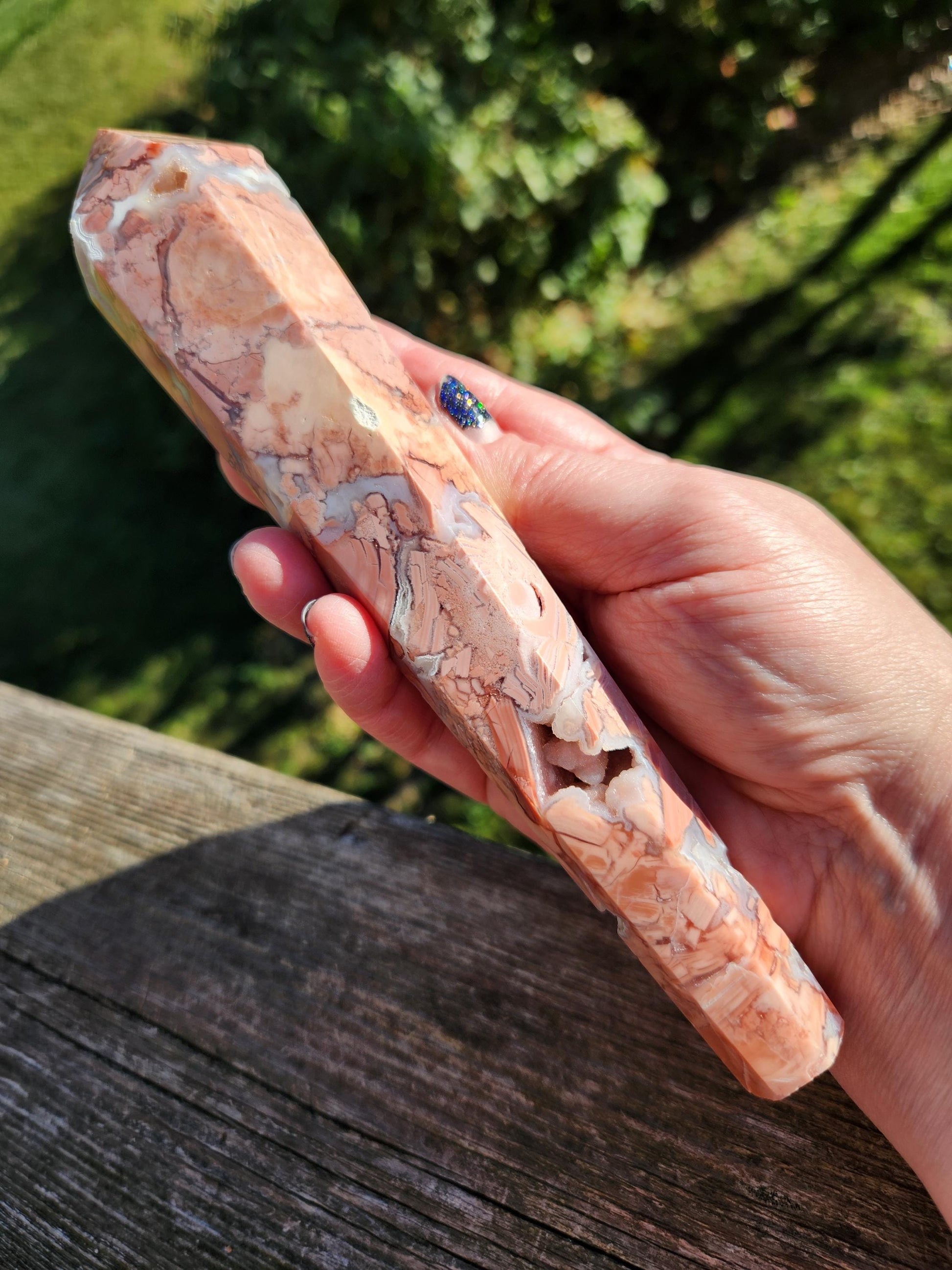 Pink Sakura Agate Wand with Gold Stand: Druzy Caves & Pockets Crystal