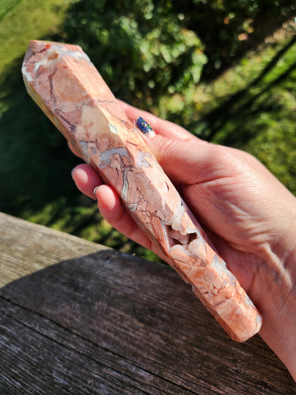 Pink Sakura Agate Wand with Gold Stand: Druzy Caves & Pockets Crystal