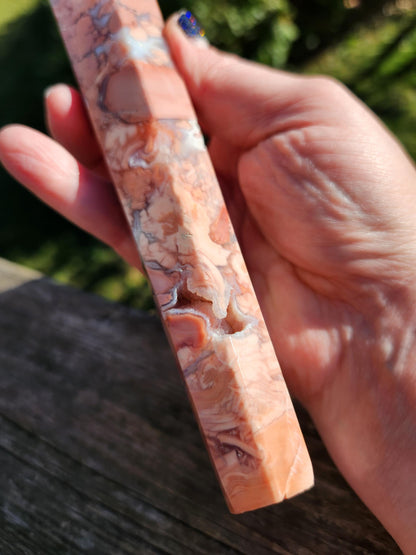 Pink Sakura Agate Wand with Gold Stand: Druzy Caves & Pockets Crystal