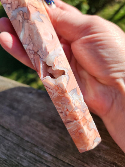 Pink Sakura Agate Wand with Gold Stand: Druzy Caves & Pockets Crystal