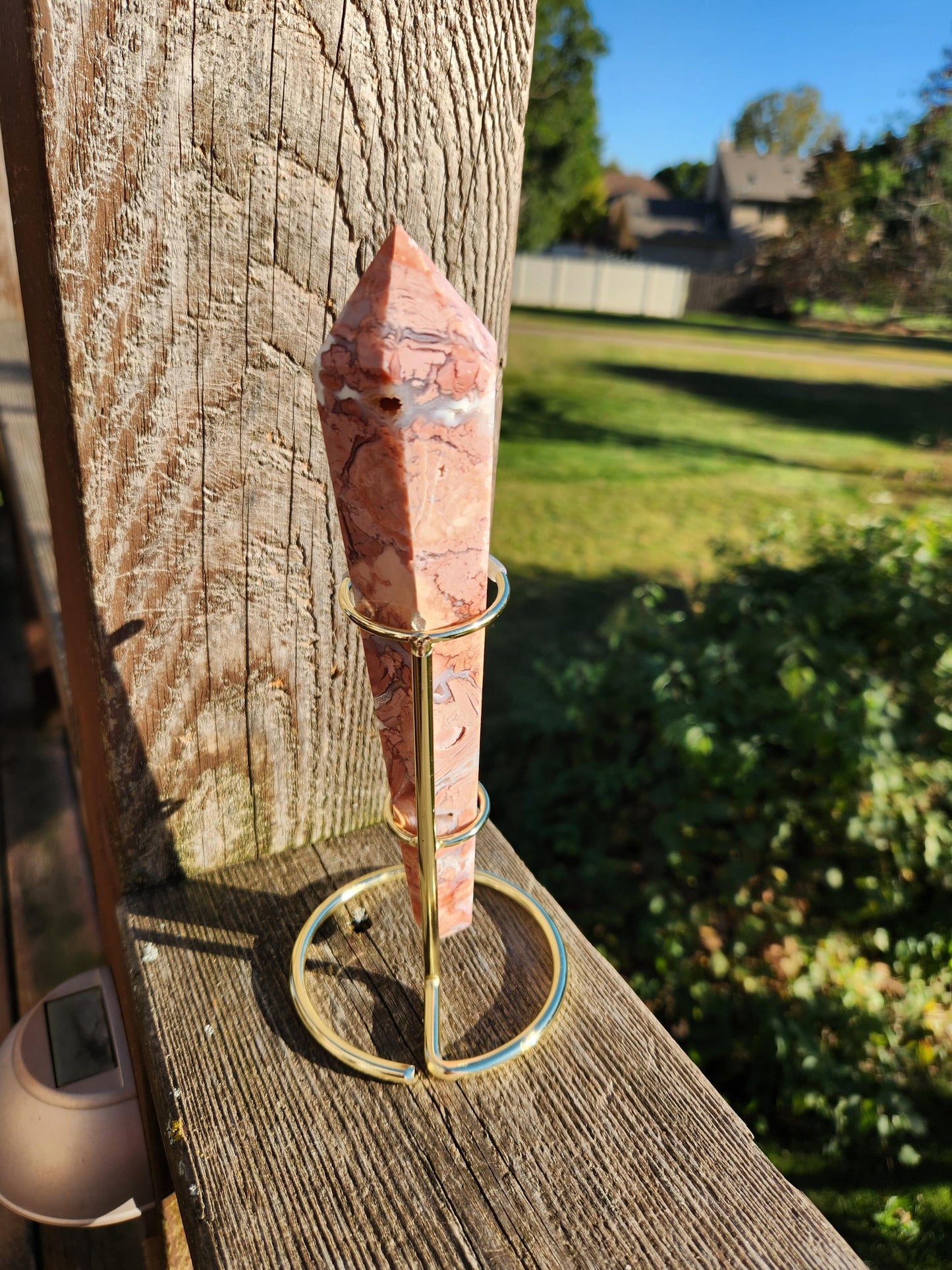 AAA Six Point Pink Sakura Agate Wand on Gold Metal Stand with Druzy Caves and Pockets All Over