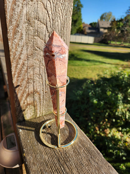 Pink Sakura Agate Wand with Gold Stand: Druzy Caves & Pockets Crystal
