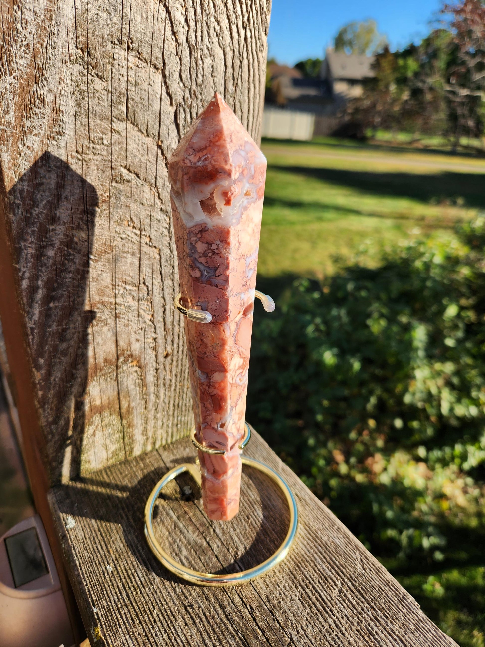 AAA Six Point Pink Sakura Agate Wand on Gold Metal Stand with Druzy Caves and Pockets All Over