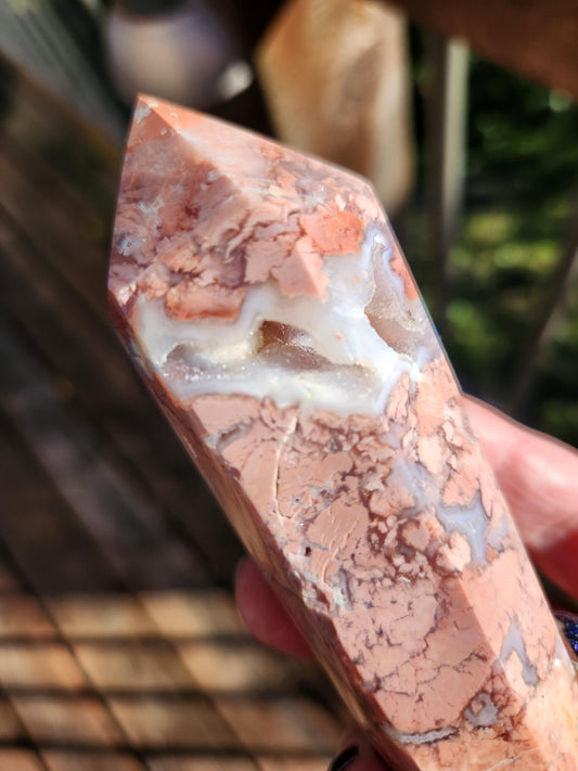 Pink Sakura Agate Wand with Gold Stand: Druzy Caves & Pockets Crystal