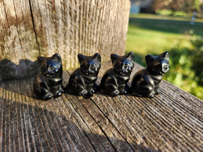 So Cute Black Obsidian Carved Small Sitting Cat, All Natural Crystal, One