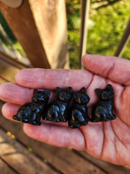 So Cute Black Obsidian Carved Small Sitting Cat, All Natural Crystal, One