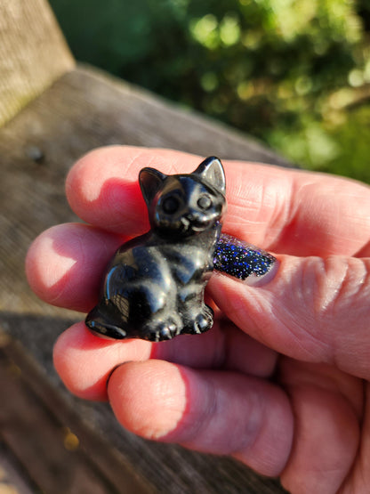 So Cute Black Obsidian Carved Small Sitting Cat, All Natural Crystal, One