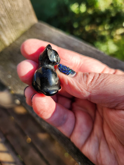 So Cute Black Obsidian Carved Small Sitting Cat, All Natural Crystal, One