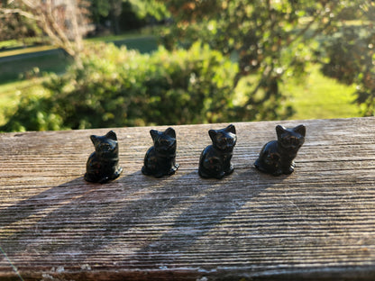 So Cute Black Obsidian Carved Small Sitting Cat, All Natural Crystal, One