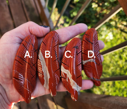 Beautiful Carved Red Jasper Feather with Unique Veins, All Natural Crystal, One