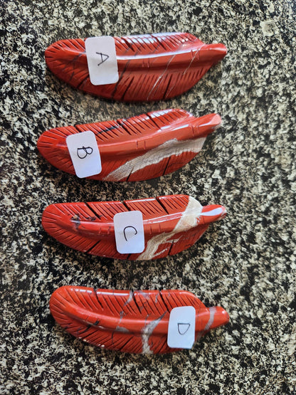 Beautiful Carved Red Jasper Feather with Unique Veins, All Natural Crystal, One