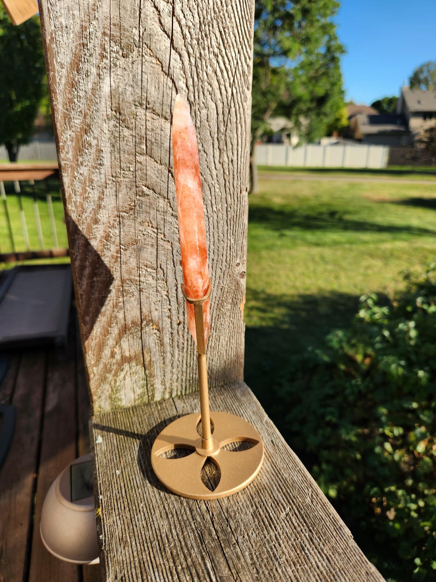 Unique Fire Quartz Crystal Faceted Diamond on Gold Stand